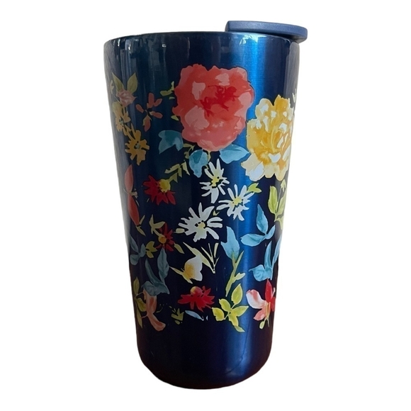 Travel Tumbler Blue Multicolored Floral Print PIONEER WOMAN Aluminum Mug & Lid - Picture 3 of 6